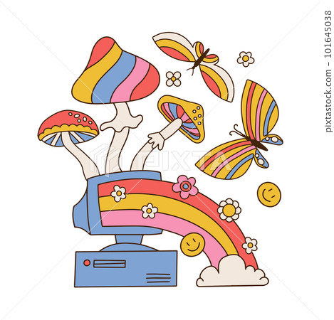 Old retro vintage hipster computer, pc with monitor from 70s, 80s, 90s with mushrooms, rainbow, flowers and butterflies. Hand drawn isolated Vector illustration. Hippie psychedelic sticker concept, 101645038