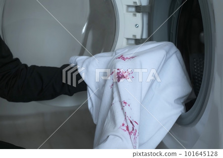 Woman preparing and putting dirty white t-shirt to washing in washing machine. 101645128