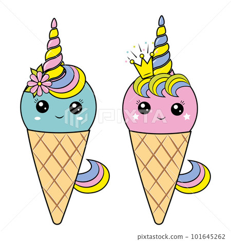 Unicorn ice cream kawaii dessert in a waffle cup, color vector illustration in cartoon style 101645262