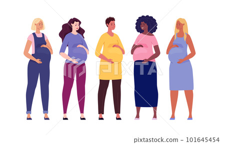 Set of women expecting baby, dressed in maternity clothes, hugging their big bellies. Young beautiful mothers of different nationalities. 101645454