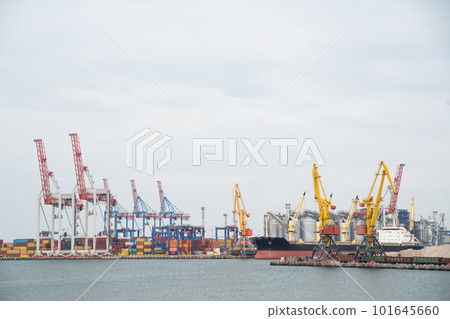 seaport where large cranes are loaded containers on cargo ships 101645660