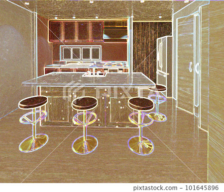 Perspective image of an edgy kitchen Perspective image of an edgy kitchen 101645896