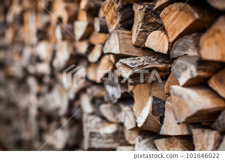 beautifully stacked firewood, natural wood for burning in the furnace 101646022