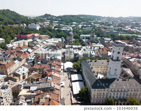 Ukraine, Lviv city center, old architecture, drone photo, bird's eye view. Ukraine, Lviv city center, old architecture, drone photo, bird's eye view. 101646038