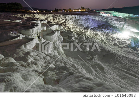 Pamukkale on the top with a view of the city of Denizli at night, Turkey. 101646098