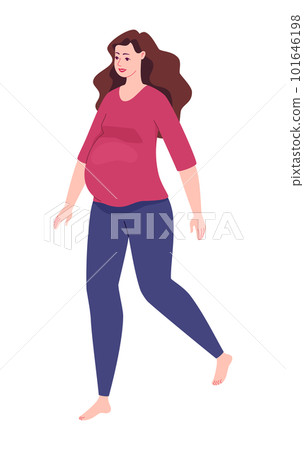 Three-quarter view of pregnant woman walking barefoot. Flat character vector illustration. 101646198