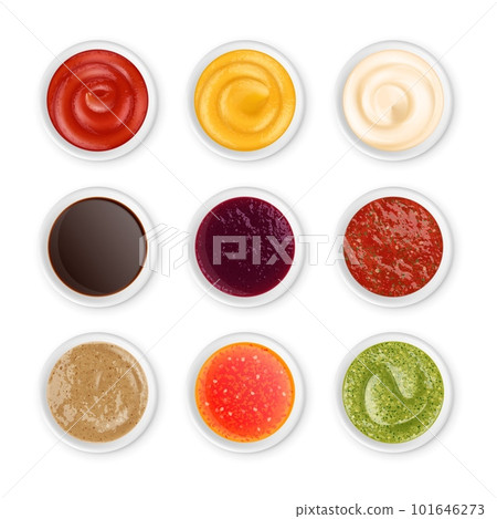 Isolated realistic sauces top view in white bowls. Sauce condiments, dips or dressings for dishes. Pesto, ketchup and mayonnaise pithy vector set Isolated realistic sauces top view in white bowls. Sauce condiments, dips or dressings for dishes. Pesto, ketchup and mayonnaise pithy vector set 101646273