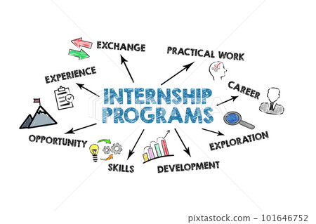 Internship Programs. Illustrated chart with icons, keywords and arrows on a white background 101646752