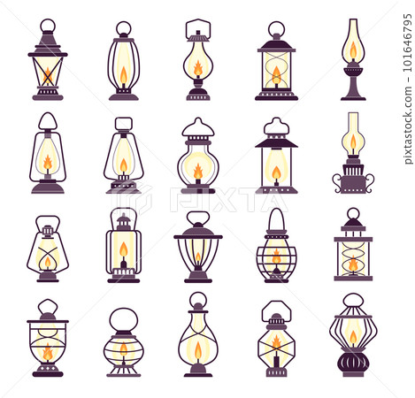 Lanterns set. Kerosene vintage old style light items recent vector stylized silhouettes of lanterns 101646795