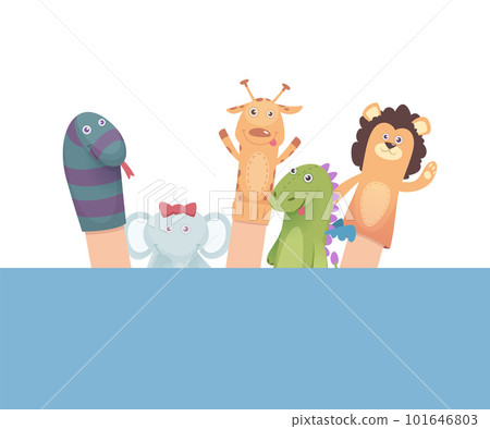 Sock puppets. funny attraction for kids cartoon animals from socks. Vector pictures of puppets 101646803