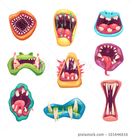Mouth monsters. Scary angry creatures different emotions expression mouth exact vector cartoon template 101646816
