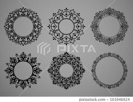 Set of decorative frames Elegant vector element for design in Eastern style, place for text. Floral black and gray borders. Lace illustration for invitations and greeting cards Set of decorative frames Elegant vector element for design in Eastern style, place for text. Floral black and gray borders. Lace illustration for invitations and greeting cards 101646824