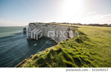 Old Harry Rocks in Dorset England. Aerial panoramic view of coastlie. White cliffs. English tourist attraction. Sunny day on the beach. Old Harry Rocks in Dorset England. Aerial panoramic view of coastlie. White cliffs. English tourist attraction. Sunny day on the beach. 101646937