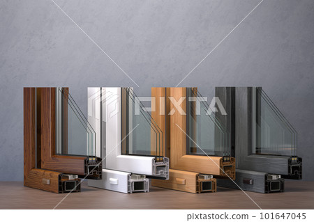 Samples of plastic window profiles PVC of different colors in section. 101647045