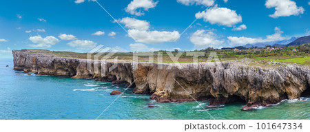 Guadamia beach (or Aguamia) rocky coast summer scenery. Asturias, Spain. 101647334