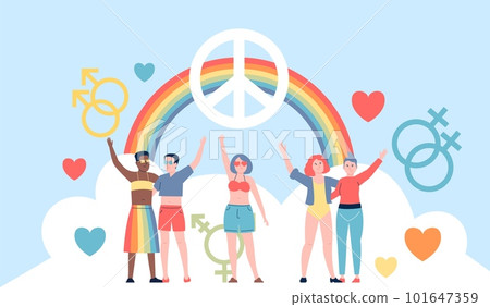 Lgbtq concept, gay rights and relationships queer people. Human rights, modern equal community. Peace icon, rainbow and recent vector characters 101647359