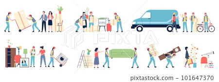 People moving in new home. Couple with boxes, buying apartments and relocation process. Furniture container and logistic, recent vector scenes 101647370