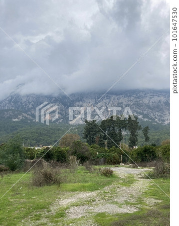 Low fluffy clouds hang over the high mountains, cover their peaks 101647530