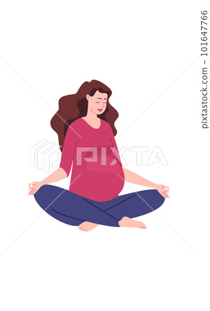 Pregnant woman meditates while sitting in lotus position. Relaxing yoga during pregnancy. Psychotherapeutic breathing gymnastics. Flat character vector illustration. Pregnant woman meditates while sitting in lotus position. Relaxing yoga during pregnancy. Psychotherapeutic breathing gymnastics. Flat character vector illustration. 101647766