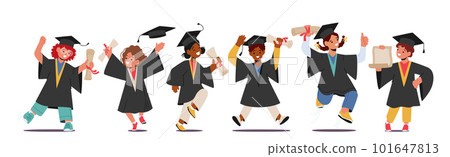 Graduate Kids Characters Celebrate Their Academic Success, With Big Smiles And Caps In Air, Cartoon Vector Illustration Graduate Kids Characters Celebrate Their Academic Success, With Big Smiles And Caps In Air, Cartoon Vector Illustration 101647813