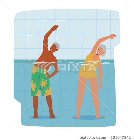 Senior Characters Exercise In Pool, Smiling While Participating In Fun Aqua Aerobics Class, Improving Their Fitness 101647842