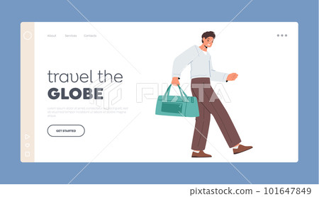 Travel The Globe Landing Page Template. Young Man Tourist Character Walking With Bag. Concept Of Business Trip, Escape Travel The Globe Landing Page Template. Young Man Tourist Character Walking With Bag. Concept Of Business Trip, Escape 101647849
