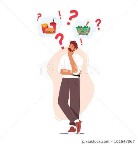 Male Character Decides Between Healthy And Unhealthy Food, Considering The Benefits And Drawbacks Of Each Option Male Character Decides Between Healthy And Unhealthy Food, Considering The Benefits And Drawbacks Of Each Option 101647867