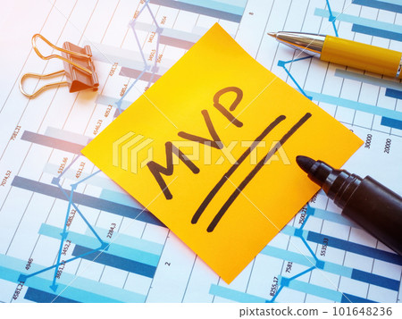 Papers with charts and sticker with MVP Minimum Viable Product. 101648236