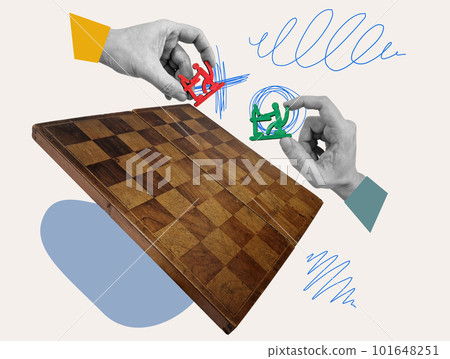 Collage with a chessboard and hands holding staff figures. Employee turnover and attrition. Collage with a chessboard and hands holding staff figures. Employee turnover and attrition. 101648251
