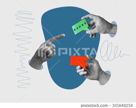 Collage with hands that hold rating plates. A success and a positive five-star review. 101648258