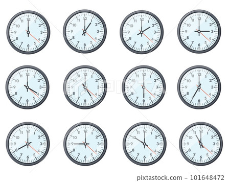 Clock different time. Various hours measurements on clocks face, office watches display showing world times zone one two twelve midnight 101648472