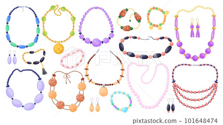 Women beaded necklaces. Beads and pearl jewelry, boho bracelet precious necklace on chain for fashion girl or woman, beauty bijouterie summer accessories, neat vector illustration Women beaded necklaces. Beads and pearl jewelry, boho bracelet precious necklace on chain for fashion girl or woman, beauty bijouterie summer accessories, neat vector illustration 101648474