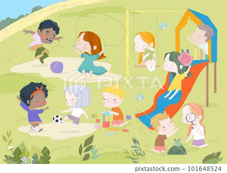 Group of Kids playing on Playground Spending Time in Games, having fun, fooling around Group of Kids playing on Playground Spending Time in Games, having fun, fooling around 101648524