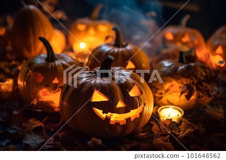 落葉上的萬聖節南瓜 101648562