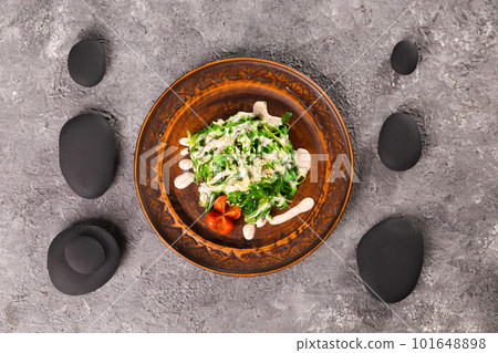 Traditional Japanese wakame salad with sesame seeds - asian food. Healthy and fresh seaweed salad top view 101648898