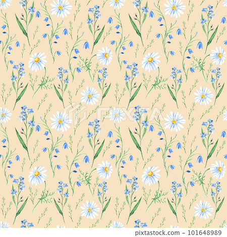 Seamless watercolor pattern with wildflowers bluebell, forget-me-not, camomile on beige background. Can be used for fabric prints, gift wrapping paper, kitchen textile. 101648989