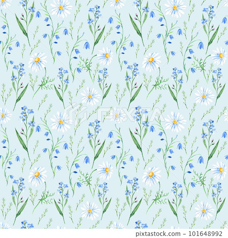 Seamless watercolor pattern with wildflowers bluebell, forget-me-not, camomile on blue background. Can be used for fabric prints, gift wrapping paper, kitchen textile. Seamless watercolor pattern with wildflowers bluebell, forget-me-not, camomile on blue background. Can be used for fabric prints, gift wrapping paper, kitchen textile. 101648992