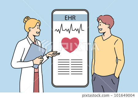 Doctor consult patient about EHR on cellphone Doctor consult patient about EHR on cellphone 101649004