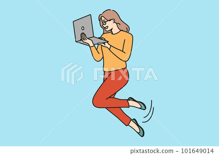 Businesswoman levitate in air work on computer  101649014