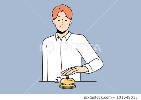 Smiling man ring bell at reception Smiling man ring bell at reception 101649015