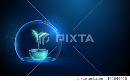 Abstract green growing plant in pot inside glass dome 101649016