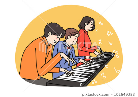 Happy family musician play same piano Happy family musician play same piano 101649388
