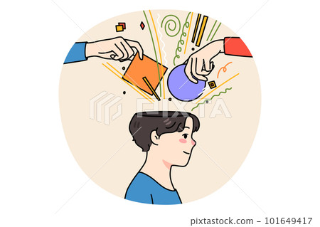 People hands put objects in man head 101649417