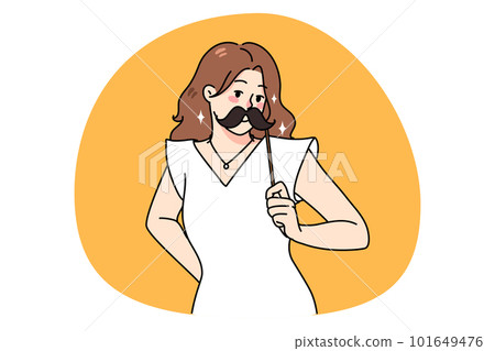 Smiling girl with moustache on stick on party event Smiling girl with moustache on stick on party event 101649476