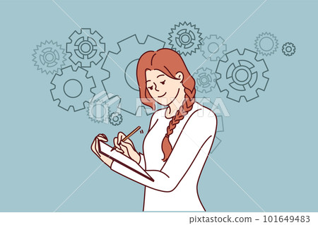 Positive woman is making checklist for improving business performance by making notes in notebook  101649483