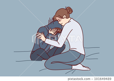 Mother consoles crying daughter who is depressed due to peer problems or poor school performance 101649489