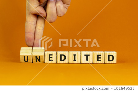 Edited or unedited symbol. Businessman turns wooden cubes and changes the word unedited to edited. Business and edited or unedited concept. Beautiful orange background, copy space. Edited or unedited symbol. Businessman turns wooden cubes and changes the word unedited to edited. Business and edited or unedited concept. Beautiful orange background, copy space. 101649525