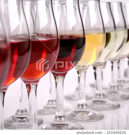 Glasses with different types of wine, red, rose, white wine, one after another on a white background close-up 101649820