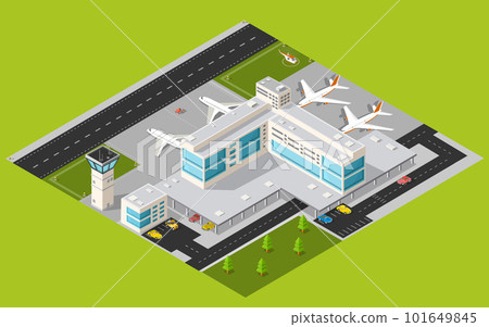 Isometric 3D airstrip of the city international airport terminal and transportation 101649845