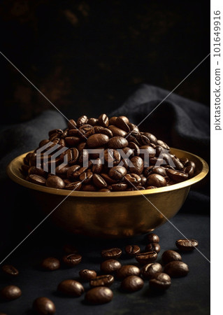 Golden coffee beans in an old gilded metal pot on a dark background. Ai generated. 101649916